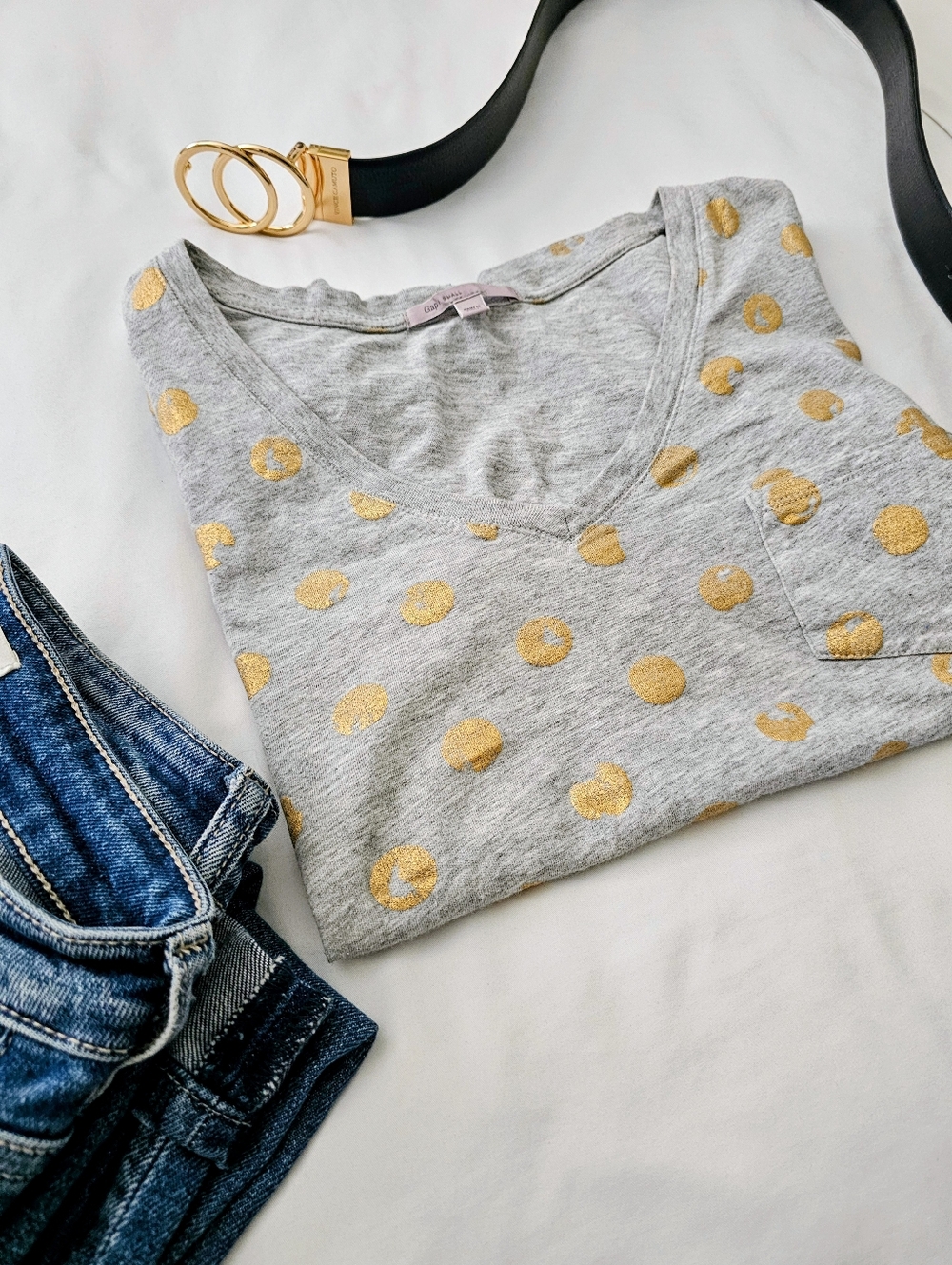 GAP Gray V-Neck Tee with Gold Polka Dots